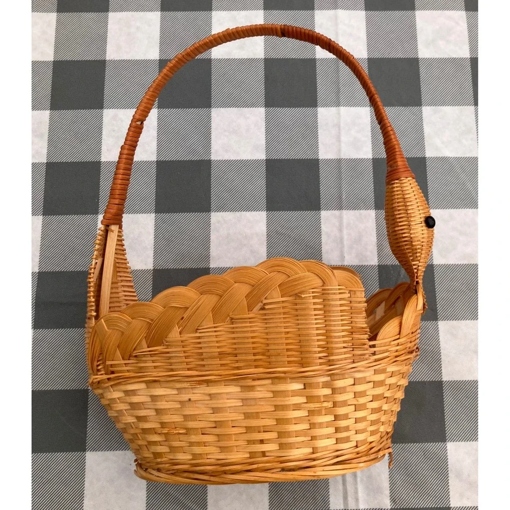 Swan Wicker Basket OS Tan Woven Rattan Decorative Animal Handle